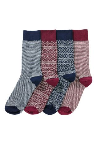 Navy/Burgundy Fairisle Pattern Mix Chunky Socks Four Pack